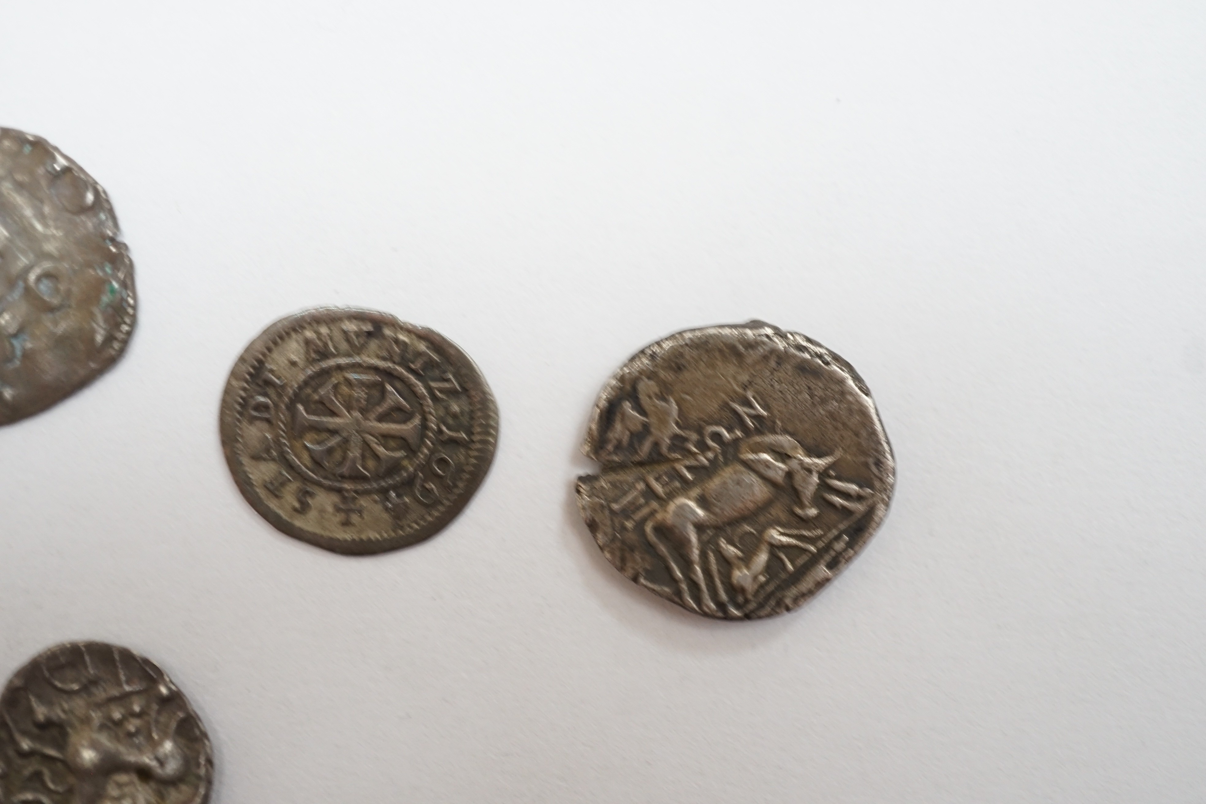 Greek, Celtic and European medieval coinage to include an AR drachm, Illyria, an Iceni Antedios Anted silver unit, a Venetian AR grosso, two deniers tournois, a Charles the Bold 2 Stuivers and a fragment of a lead crucif
